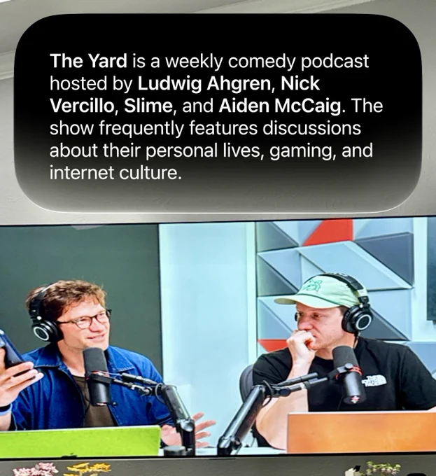 The Yard is a weekly comedy podcast
hosted by Ludwig Ahgren, Nick
Vercillo, Slime, and Aiden McCaig. The
show frequently features discussions
about their personal lives, gaming, and
internet culture.
