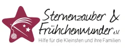 Logo von "Sternenzauber  Frühchenwunder eV. Hilfe für die Kleinsten und ihre Familien" Dazu ein roter Stern mit weißen Sternen darin und Nähzeug