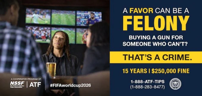 Three people watching multiple sports games on TV in a bar, with a message warning that buying a gun for someone who can't legally own one is a crime.