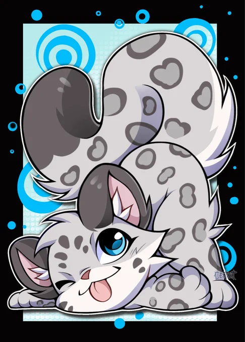 Artwork featuring a fluffy snow leopard. The snow leopard is smiling sticking its tongue out   and winking. It is in a playful position with its tail in the air. The background is varying shades of blue with little circle motifs.