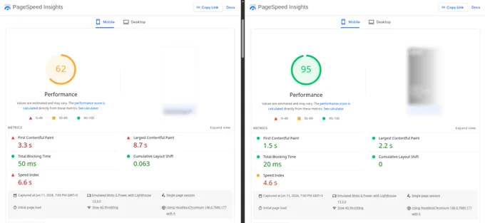 Side-by-side comparison of two Google PageSpeed Insights mobile reports. The left image, representing Host A, shows a mediocre performance score of 62 with failing metrics, including a First Contentful Paint of 3.3s and Largest Contentful Paint of 8.7s. The right image, representing Host B, shows an excellent green performance score of 95 with passing metrics, including a much faster First Contentful Paint of 1.5s and Largest Contentful Paint of 2.2s.
