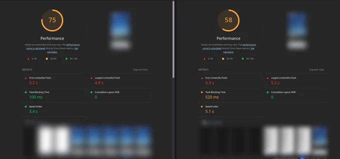 Side-by-side comparison of two Google PageSpeed Insights mobile reports. The left image, representing Host A, shows a mediocre performance score of 62 with failing metrics, including a First Contentful Paint of 3.3s and Largest Contentful Paint of 8.7s. The right image, representing Host B, shows an excellent green performance score of 95 with passing metrics, including a much faster First Contentful Paint of 1.5s and Largest Contentful Paint of 2.2s.