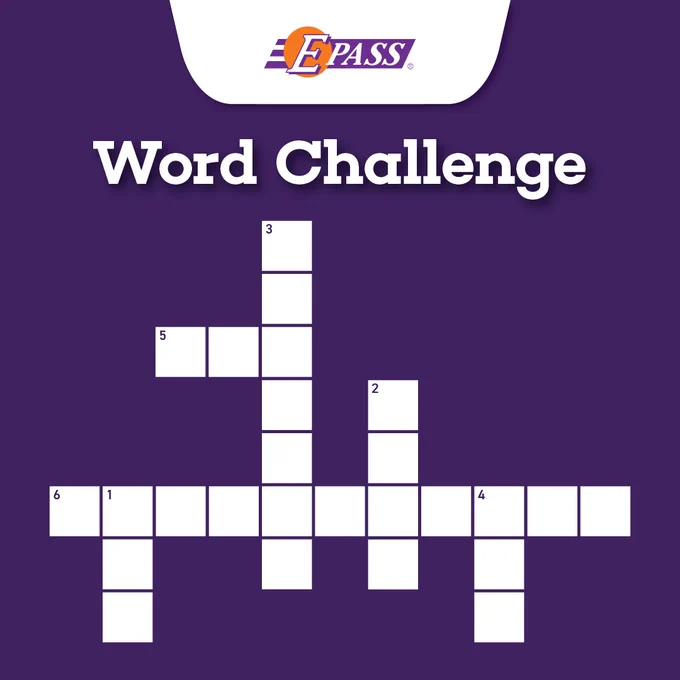 Crossword puzzle titled "Word Challenge" on a purple background with "E-PASS" logo. The crossword has six clues.