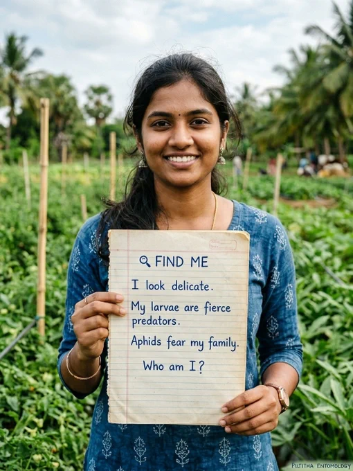 A South Indian agriculture student holding a notebook with handwritten clues describing a beneficial insect whose larvae prey on aphids.
