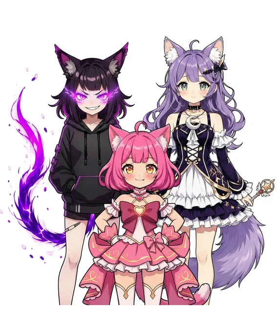 This image was created with Nano Banana AI. Anime VTuber mascot trio featuring a pink catgirl magical girl, a mischievous dark purple gremlin catgirl with glowing eyes, and an elegant lavender catgirl in a fantasy dress, promoting new Streamlabs Merch Store items.