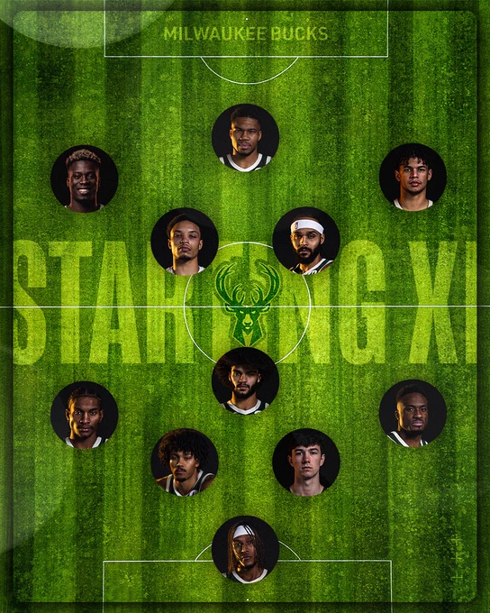 A graphic featuring a green soccer pitch with a green Bucks logo in the center and text in the grass that reads, "Starting XI" and "Milwaukee Bucks". Also featured are 11 Bucks player headshots including Alex Antetokounmpo, Giannis Antetokounmpo, Ousmane Dieng, Ryan Rollins, Gary Trent Jr., Kevin Porter Jr., Andre Jackson Jr., Thanasis Antetokounmpo, Jericho Sims, Cormac Ryan, and Myles Turner in a 4-1-4-1 soccer formation.