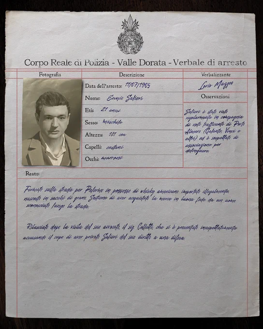 Date of Arrest: July 11, 1905

Name: Ennio Salieri

Age: 21 years

Sex: Male

Height: 181 cm

Hair: Brown

Eyes: Brown

Remarks: Salieri is regularly seen visiting with known smugglers in Porto Almaro (Galante, Vinci, et al.), and is suspected of criminal conspiracy.

Offense: Detained on the road to Palermo in possession of untaxed American whiskey, concealed in grain sacks. Claims to have purchased the contraband in good faith from an unnamed man on the side of the road.

Released after a visit from his lawyer, on Sig. Colletti, who arrived unexpectedly and accused the chief of depriving Salieri of his right to counsel.