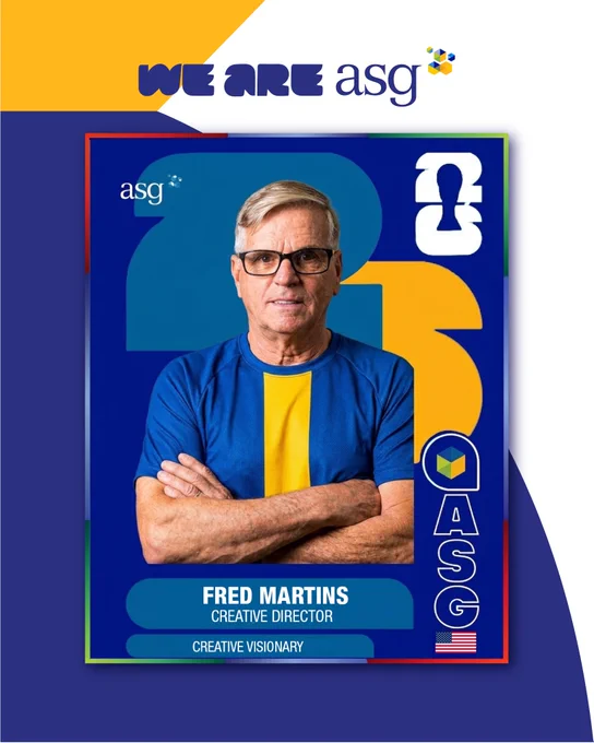 A FIFA card that reads "We Are ASG" A Portrait of Fred Martins, Creative Director, labeled "Creative Visionary." A United States of American flag is in the bottom-right.
