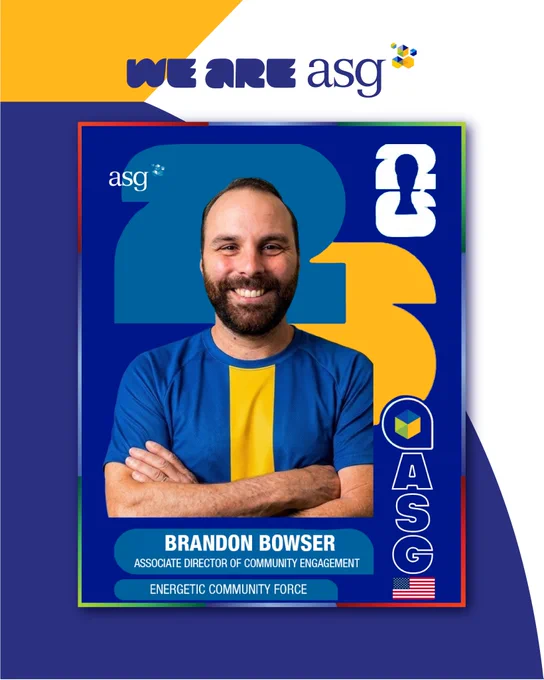 A FIFA card that reads "We Are ASG" A Portrait of Brandon Bowser, Associate Director of Community Engagement, labeled "Energetic Community Force." A United States of American flag is in the bottom-right.