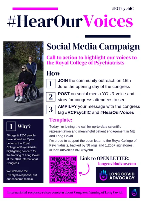 Campaign infographic titled "#HearOurVoices" and "#RCPsychIC", demanding better ME and Long Covid framing from the Royal College of Psychiatrists. Left side shows a woman pushing a young woman in a wheelchair on a path. Below this, a dark block titled "1 Why?" states 58 orgs and 1200 people signed an Open Letter regarding concerns over Long Covid framing at the 2026 International Congress, noting "our concerns remain."

The main text outlines a "Social Media Campaign" with three steps: 1) JOIN community outreach on June 15th, 2) POST your story for congress attendees, 3) AMPLIFY using tags #RCPsychIC and #HearOurVoices. It provides a post template supporting up-to-date scientific representation and meaningful patient engagement. Bottom right includes a pink QR code, a link to "longcovidadvoc.com", and the "LONG COVID ADVOCACY" logo. A bright pink footer reads: "International response raises concern about Congress framing of Long Covid."