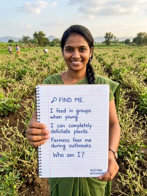 A South Indian agriculture student holding a notebook with handwritten clues about a caterpillar pest known for feeding in groups and causing severe defoliation in crops.