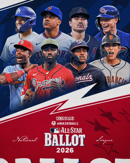 2026 Konami eBaseball All-Star Ballot 2026: National League Outfielders

Pictured: Cutouts of Andy Pages, Juan Soto, Corbin Carroll, Pete Crow-Armstrong, Jordan Walker, Michael Harris II, James Wood and Jung Hoo Lee in front of a blue background.