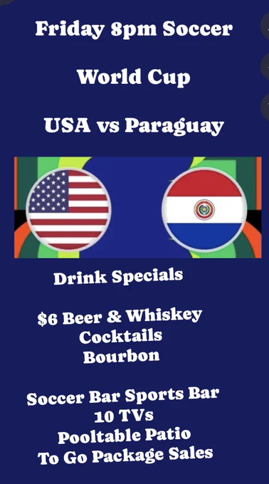 #Friday #TGIF 8pm #Soccer #WorldCup #USA #USMNT vs #Paraguay

#SoccerBar #SportsBar #Tavern 10 TVs # Pooltable #Patio #HumboldPark #WestTown #Chicago #WatchParty #ViewingParty