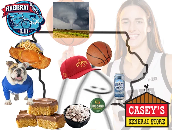 A meme collage that features the outline of Iowa filled with various symbols and pictures, including: the RAGBRAI logo, a tornado, a basketball, the Drake bulldog (Griff), the Casey's General Store logo, a Busch Light can, a red Iowa State University cap, and food items like a pork tenderloin sandwich, a scotcheroo, and puppy chow. A "Rob Sand" button is also included on the cartoon character.