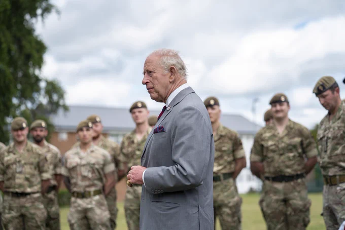 The King addresses Grenadier Guards outside in their barracks in Aldershot