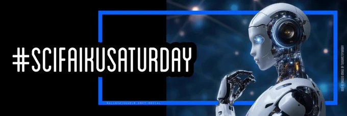 On a black and star field background, a non-AI tagged Pixabay image of an android is shown. The android seems to be contemplating the #ScifaikuSaturday hashtag. A blue, rectangle outline highlights the image and hashtag.