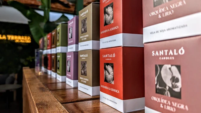 A row of boxes of Santalo candles.
