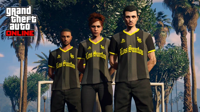 Three GTA Online characters stand side by side wearing the Los Santos Soccer Jersey. 