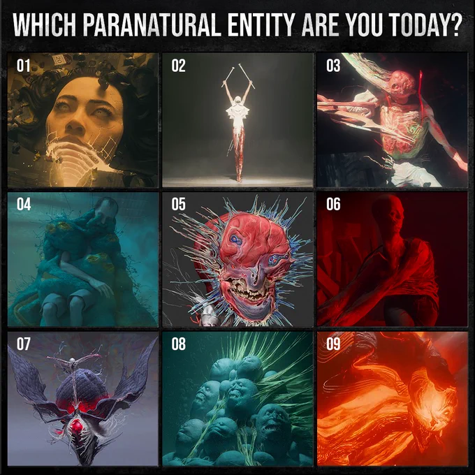 Which paranatural entity are you today? A three by three grid featuring several different entities from CONTROL Resonant, including Resonants, the Hiss and the Mold.