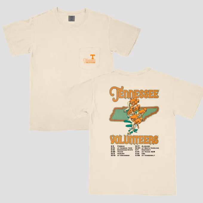 The front and back of a cream vintage inspired 2026 Tennessee Football schedule tee.