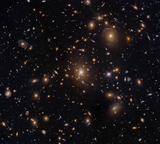 Numerous galaxies dot the scene and appear to cluster around the image center. The view includes large elliptical galaxies along with spiral and lenticular galaxies. Faint arcs of distant galaxies gravitationally lensed by the cluster appear in the upper-right quadrant of the image. A couple of foreground stars are also visible and easily distinguished by their diffraction spikes.