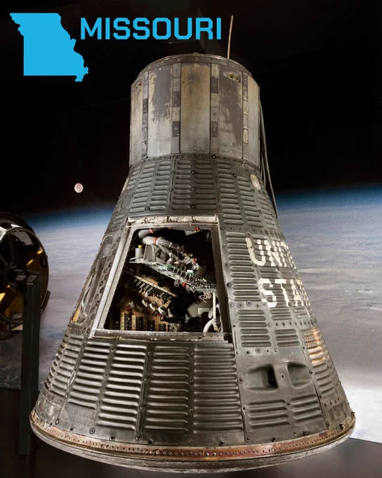 Space capsule on display labeled "United States" with an open panel showing internal components. The background features a view of Earth from space. A silhouette of the state of Missouri with the word "Missouri" is in the top left corner.