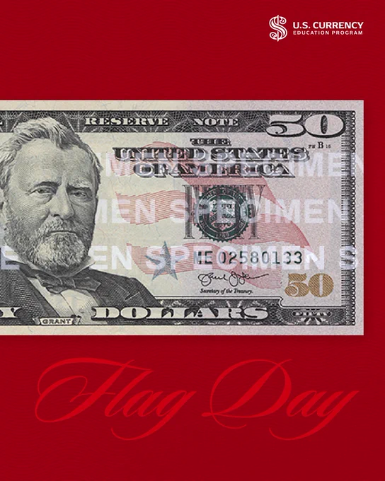 $50 banknote with "flag day"