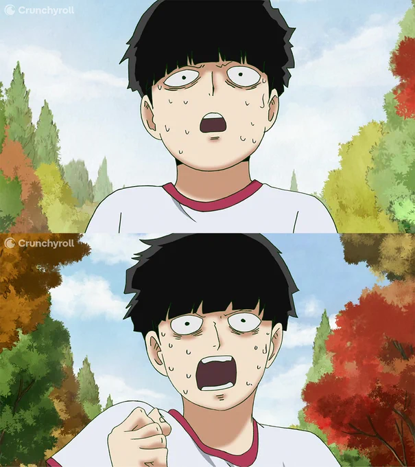 Two images from Mob Psycho 100 II of Mob sweating and breathing heavily as he runs.