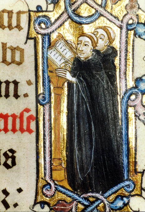 An image of monks praying from a medieval manuscript, the Litlyngton Missal
