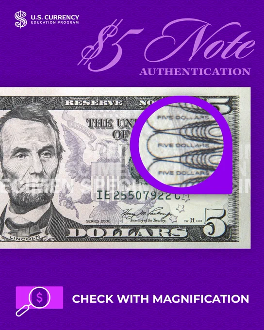 $5 banknote with zoom in on printed details like “FIVE DOLLARS” in the borders 
