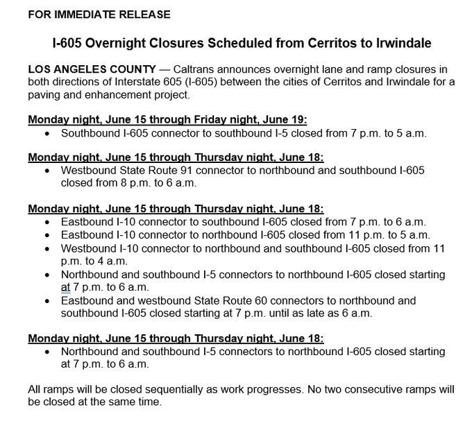 News release: Overnight lane closures on I-605. 