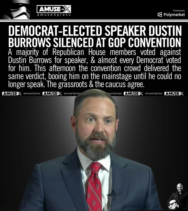 A majority of Republican House members voted against Dustin Burrows for speaker, & almost every Democrat voted for him. This afternoon the convention crowd delivered the same verdict, booing him on the mainstage until he could no longer speak. The grassroots & the caucus agree.