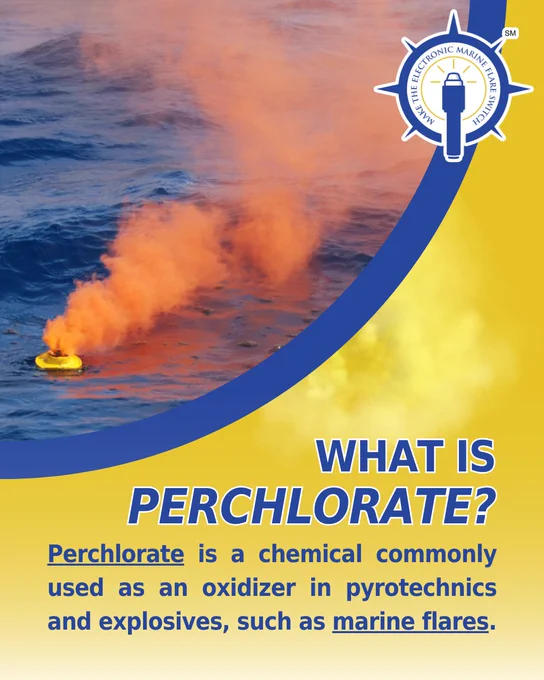 Orange smoke billowing from a marine flare floating on ocean water during dusk, and information about perchlorate a chemical emitted from marine flares.