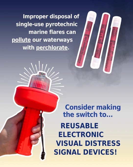 Graphic showing single-use pyrotechnic marine flares and promoting reusable electronic distress signal devices to prevent waterway perchlorate pollution.