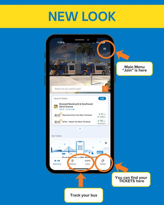 Instructional graphic titled “New Look.” A smartphone screenshot of the updated RideBCT app home screen is displayed with callout arrows. Labels identify the location of the main menu, bus tracking features, and the tickets section. The graphic explains where riders can access key functions in the redesigned app interface.