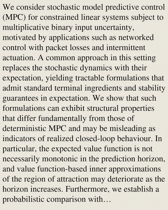 We consider stochastic model predictive control (MPC) for constrained linear systems subject to multiplicative binary input uncertainty, motivated by applications such as networked control with packet losses and intermittent actuation. A common approach in this setting replaces the stochastic dynamics with their expectation, yielding tractable formulations that admit standard terminal ingredients and stability guarantees in expectation. We show that such formulations can exhibit structural properties that differ fundamentally from those of deterministic MPC and may be misleading as indicators of realized closed-loop behaviour. In particular, the expected value function is not necessarily monotonic in the prediction horizon, and value function-based inner approximations of the region of attraction may deteriorate as the horizon increases. Furthermore, we establish a probabilistic comparison with certainty-equivalent (optimistic) MPC, showing that the latter can ensure a strictly positiv