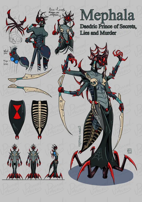 My redesign of Mephala from The Elder Scrolls. They look like a tall and slim humanoid with gray teal skin, that turns to the dark red at the end of the limbs. Their 4 arms have red spikes. The top half of the face is covered with chitin crown with big 5 red eyes. On the top it forms a web. She also wears earrings resembling eyeballs
They wear couple of skulls as a bra for their small breast, paired with halfs of jawbone that hold them on the shoulders
They wear dark dress that covers only lower half of the body. Under the dress seen many spider legs. It has couple of hand bones laying on the hips. On the back of the dress, it branches to the cloth that resemples spiders abdomen (with real small abdomen below this cloth). The cloth inside has human spine with all ribs for structure
In two hands, they hold long bone blades that resemble halfs of the scissors
There are also small doodles, including view from behind and her teasing her... surprise (small bump on the dress between legs)