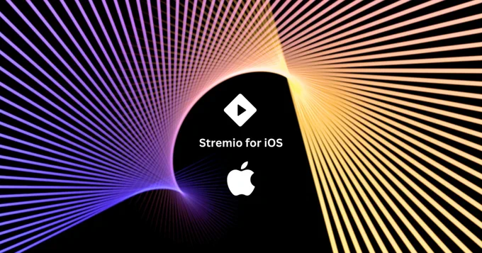 Colorful lines spiral towards a central point, featuring the Stremio logo and the Apple logo, announcing its availability for iOS.