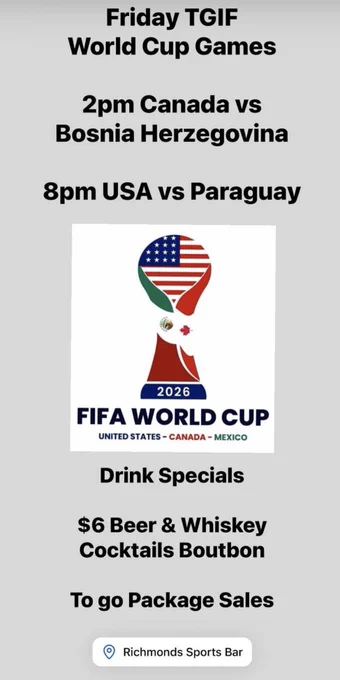 #Friday #TGIF #WorldCup Games
2pm #Canada Vs #BosniaHerzegovina

8pm #USA Vs #Paraguay

#SoccerBar #SportsBar 10 TVs #Pooltable #Patio #ToGo #Package Sales #USMNT #HumboldtPark #WestTown #Chicago