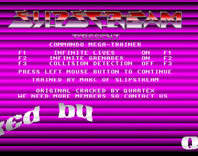 Screenshot of "Commando" - Crack: Quartex (QTX) - Trainer ( 2): Slipstream - Published by Elite on Commodore Amiga (1989)