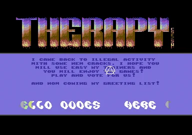 Screenshot of "Lazertech" - Crack: Therapy - Trainer:  3 - Published by Softdisk on Commodore 64 (1995)