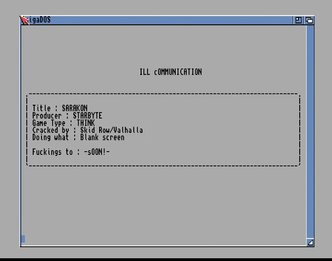 Screenshot of "Sarakon" - Intro Hack: Ill Communication (ILL) - Published by Starbyte on Commodore Amiga (1991)