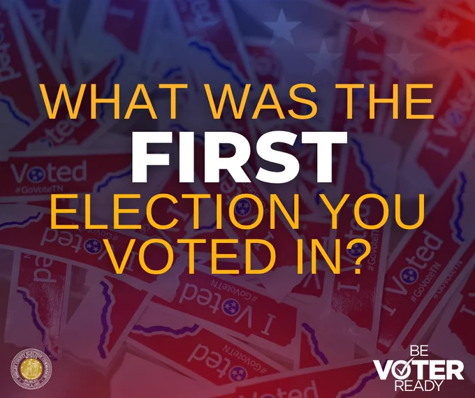 A graphic asking about the first election people voted in. The background features a pattern of 'I Voted' stickers with a patriotic theme.