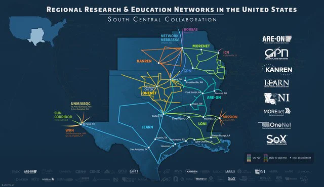 Map of Missouri, Kansas, Oklahoma, Arkansas, Texas, and Louisiana with a diagram of their respective research and education networks and logos - Text - Regional Research & Education Networks In The United States, South Central Collaboration