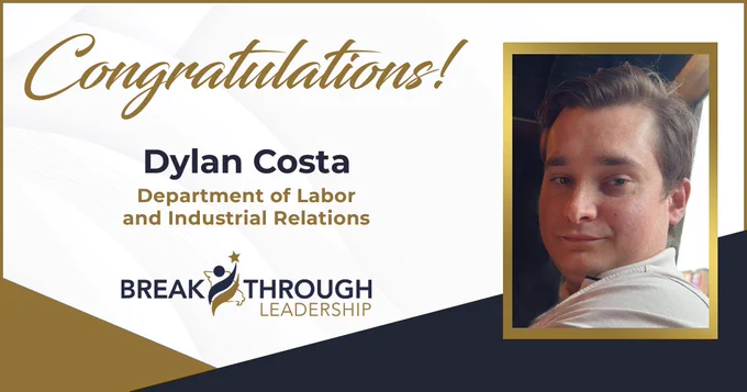 Certificate congratulating Dylan Costa from the Department of Labor and Industrial Relations for Breakthrough Leadership achievement.