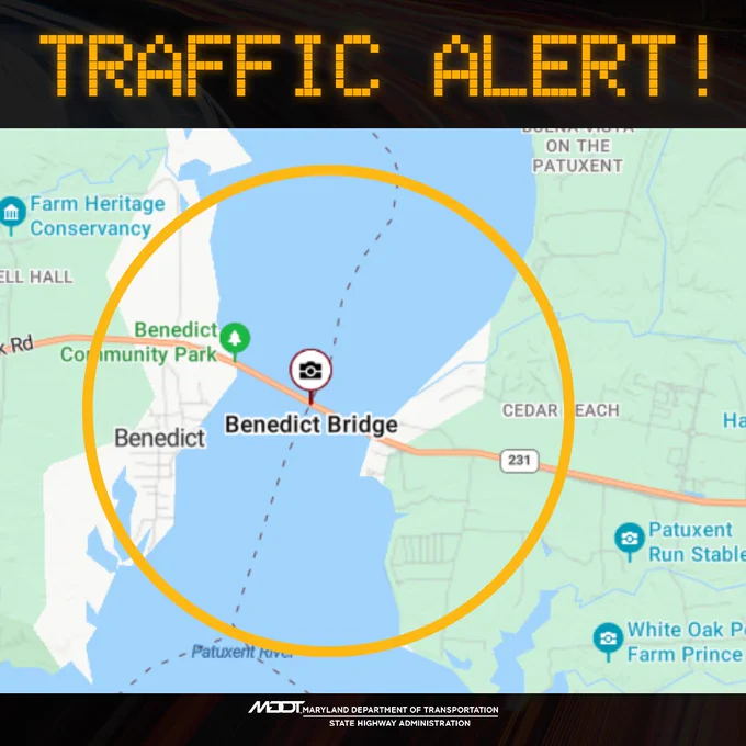 Traffic alert highlighting the Maryland 231 or Benedict Bridge over the Patuxent River near Benedict Community Park in Maryland.