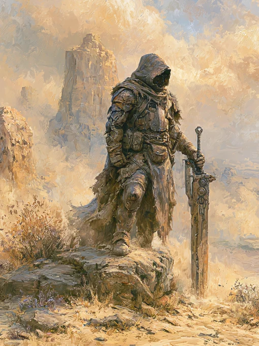 A hooded warrior stands alone on a rocky rise.