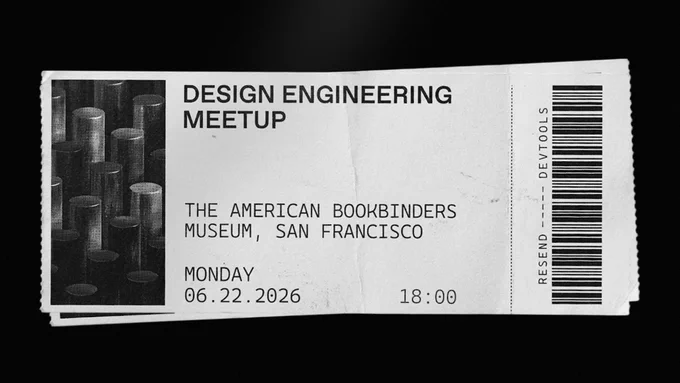 A ticket for a Design Engineering Meetup at the American Bookbinders Museum in San Francisco on June 22nd at 18:00.