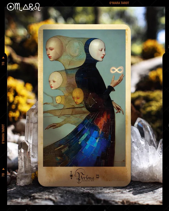 Esoteric surreal tarot portrait of a mystical woman with layered glowing faces emerging from her translucent form, cloaked in fractured blue-gold robes, holding a luminous infinity symbol amid dreamlike mist and shifting realities. Transformative, occult, hypnotic.