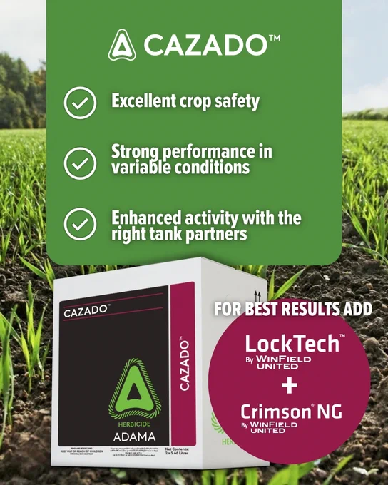 The image is an advertisement for Cazado herbicide by ADAMA. It features green crops growing in a field. Text highlights benefits: excellent crop safety, strong performance in variable conditions, and enhanced activity with tank partners. The bottom section suggests adding LockTech and Crimson NG by WinField United for best results.
